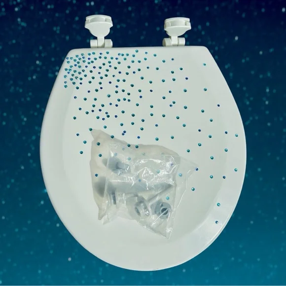 NEW Toilet Seat Round Blue Rhinestone Embellished Lid